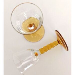 PAIR‎ / AMBER BEADED Stem Clear 4" MCM Cordial Glasses Pedestal Aperitif Vintage
